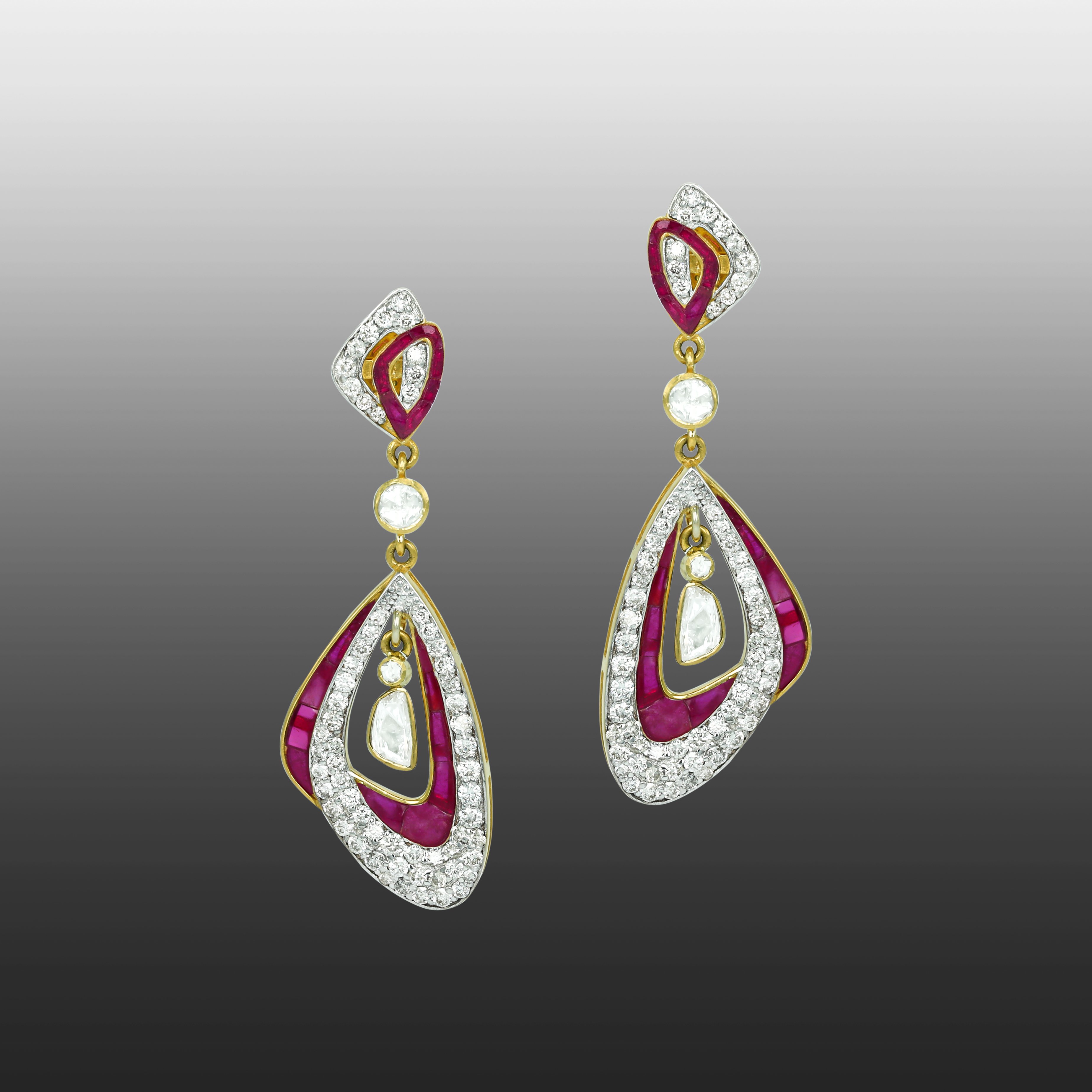 Ruby Colourstone Inlay Drop Earrings with Polki Center and Diamond Accents